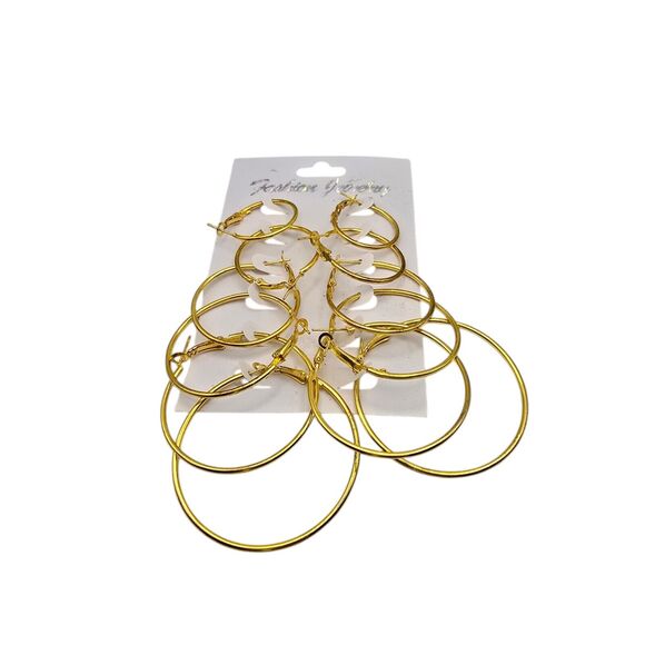 Six Hoop Pairs Earrings Yellow Gold Tone Metal Pierced Hinged Closure - Picture 4 of 4